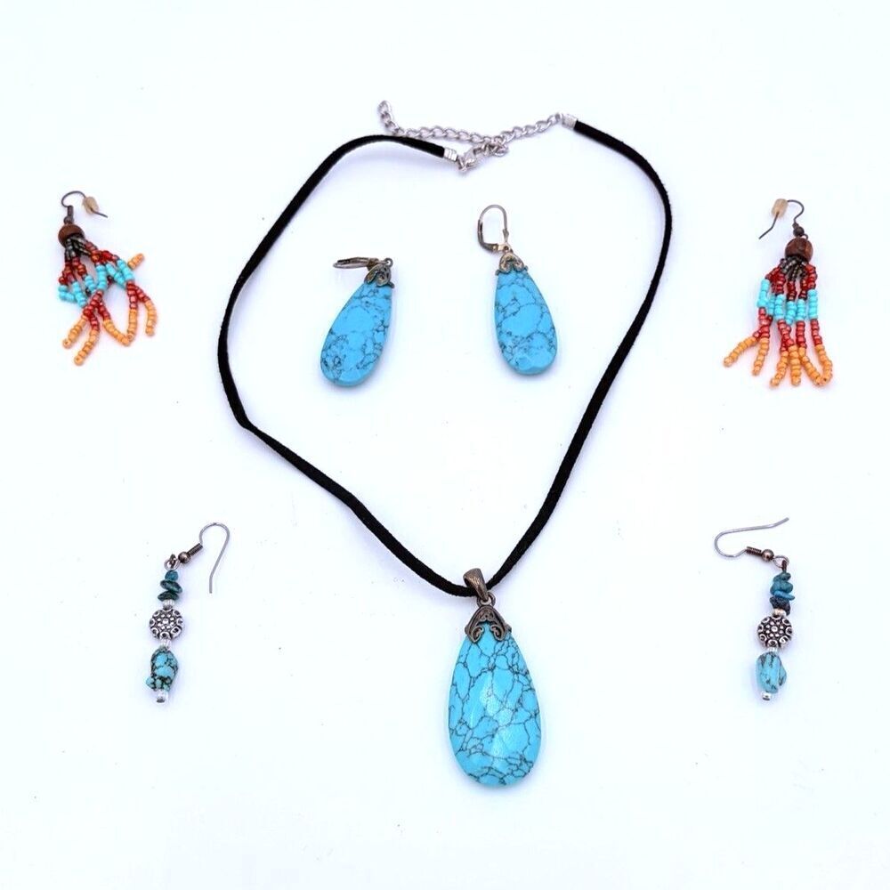 Turquoise Tone Jewelry Lot Necklace Earrings Beaded Dangle Boho Western